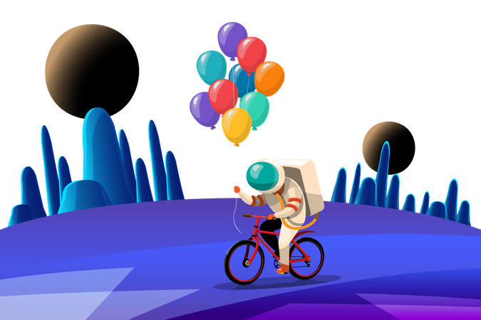 Astronaut riding bicycle while holding balloons Illustration