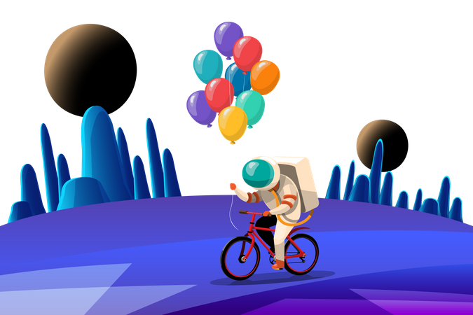 Astronaut riding bicycle while holding balloons  Illustration