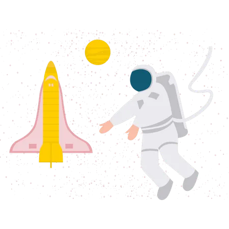 Astronaut Showing Spaceship  일러스트레이션