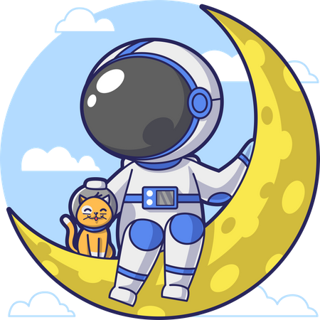 Astronaut Sitting on the Moon with cat pet  Illustration