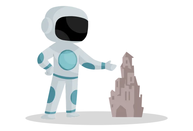 Astronaut standing near sand castle  Illustration