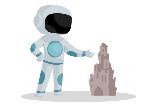 Astronaut standing near sand castle  Illustration