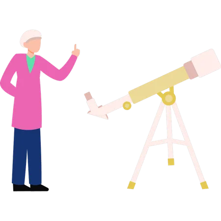 Astronaut stands next to the telescope  Illustration