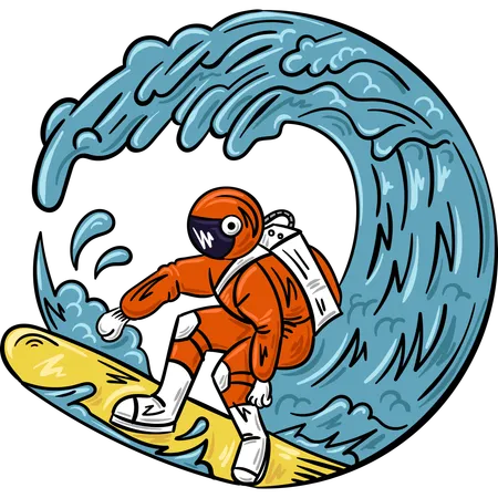 Astronaut surft auf riesiger Welle  Illustration