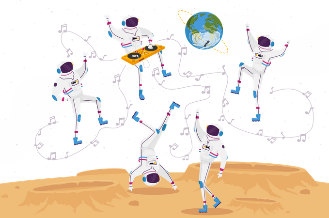 Astronaut tanzt auf fremdem Planeten oder Mondoberfläche  Illustration