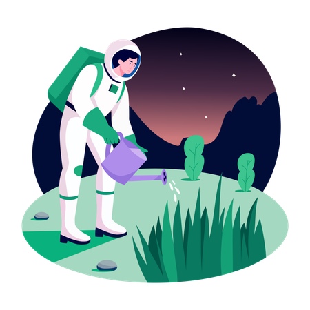 Astronaut watering space plants  Illustration
