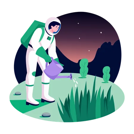 Astronaut watering space plants  Illustration