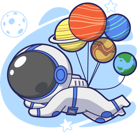 Astronaut with Balloon Planets Illustration