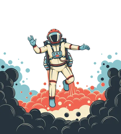 Astronaut With Jetpack Flies Spaceman In Space Suit Retro Poster Vector Vintage Illustration Illustration