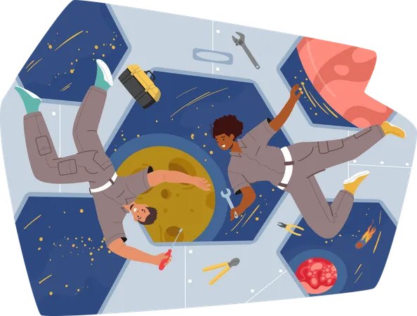 Astronaut Characters Wielding Repair Tools Floating In Zero Gravity Within The Spaceship Outside The Vast Beauty Of Outer Space Unfolds Through The Window Cartoon People Vector Illustration Illustration