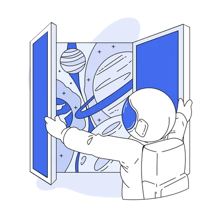 El astronauta abre la ventana.  Ilustración