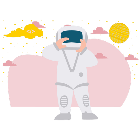 Astronauta ajustando su casco de astronauta  Ilustración