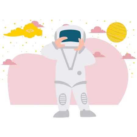 Astronauta ajustando su casco de astronauta  Ilustración