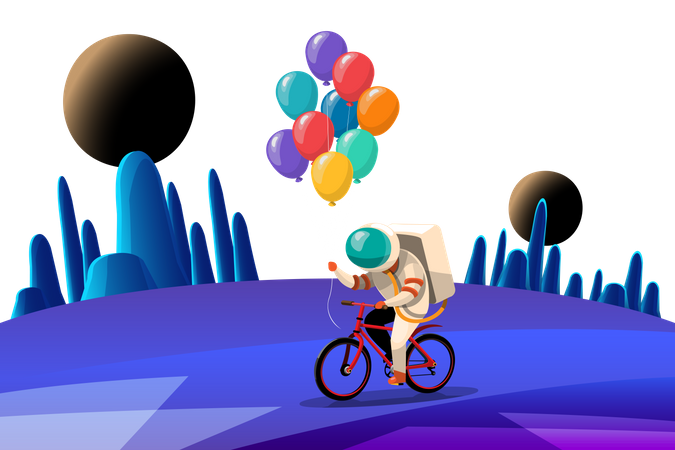 Astronauta andando en bicicleta mientras sostiene globos  Ilustración