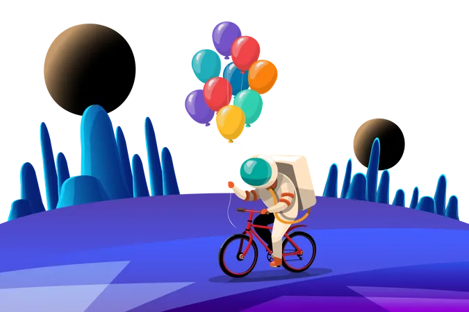 Astronauta andando en bicicleta mientras sostiene globos  Ilustración