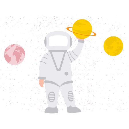 Astronauta apontando para planetas  Ilustração