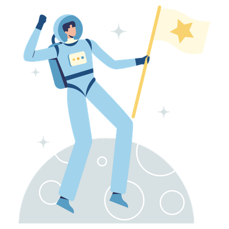 Astronauta aterrizando en la luna con bandera  Ilustración