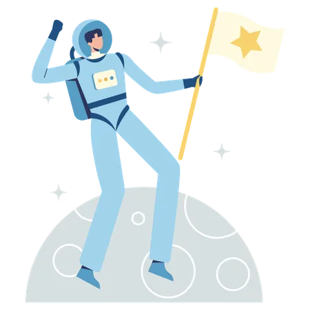 Astronauta aterrizando en la luna con bandera  Ilustración