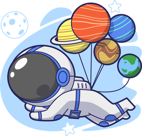 Astronauta com planetas balão  Ilustração