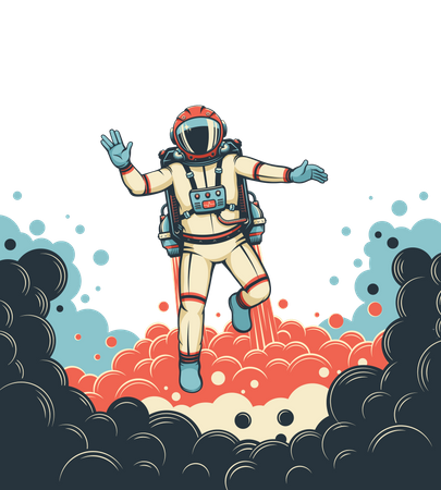 Astronauta com jetpack voa Spaceman em traje espacial  Ilustração