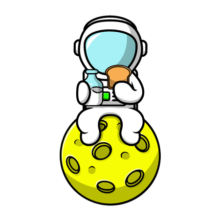 Astronauta comendo pão e segurando garrafa de leite na lua  Ilustração