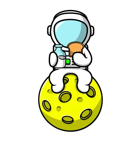 Astronauta comendo pão e segurando garrafa de leite na lua  Ilustração