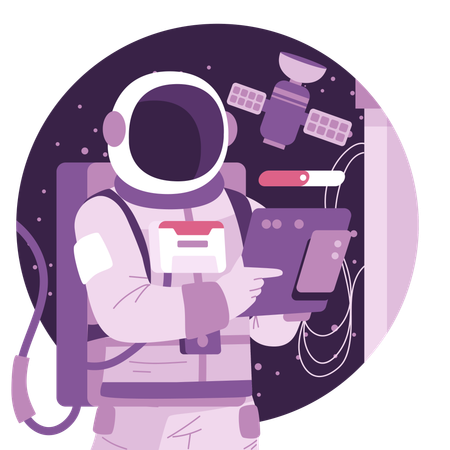 Astronauta comprobando información en tableta  Ilustración