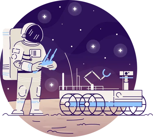 Astronauta Con Icono De Concepto Plano De Rover Lunar Pegatina Cosmonauta En El Espacio Exterior Imagenes Predisenadas Vehiculo De Exploracion Espacial Y Tecnologia Aeroespacial Ilustracion De Dibujos Animados Aislados Sobre Fondo Blanco Ilustración