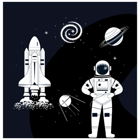 Espacio Exterior Ilustracion De Estilo Moderno Diseno Plano Imagen En Blanco Y Negro Con Un Astronauta En Traje Espacial Simbolo Del Universo Primer Satelite Y Saturno Galaxia Planetas Idea De Exploracion Cosmica Ilustración