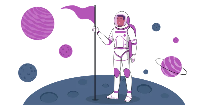 Astronauta parado en la luna con bandera  Ilustración