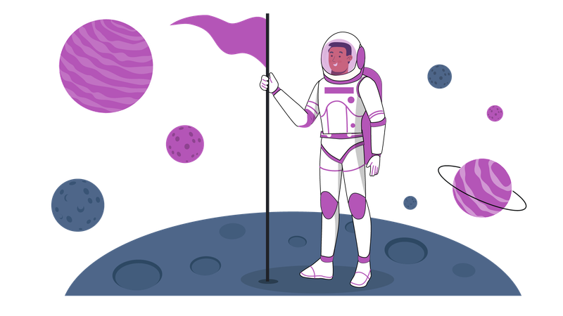 Astronauta em pé na lua com bandeira  Ilustração