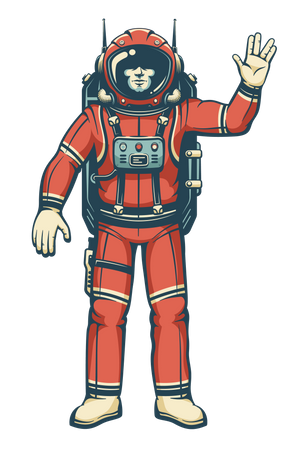 Astronauta em traje espacial acena a mão  Ilustração