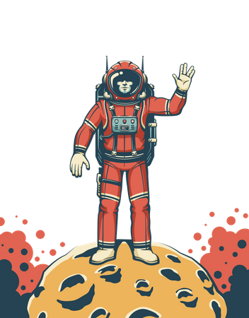 Astronauta em traje espacial vermelho na Lua  Ilustração