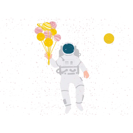 Astronauta en el espacio con planetas globos  Ilustración