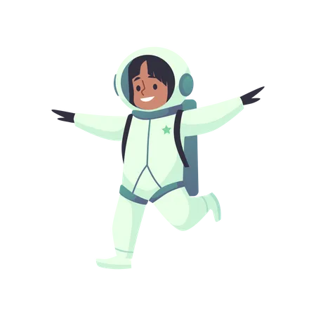 Astronauta en traje espacial finge volar con los brazos extendidos a los costados  Ilustración