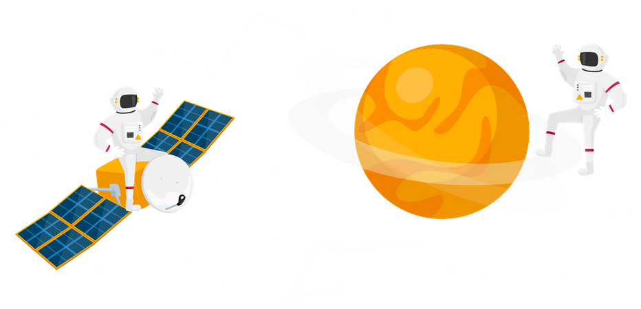 Astronauta en trajes espaciales volando en el espacio ultraterrestre con satélite  Ilustración