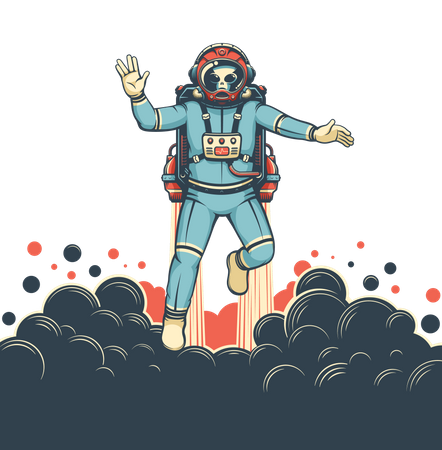 Astronauta alienígena con moscas jetpack  Ilustración