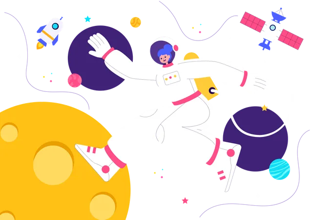 Astronauta femenina realizando exploración espacial  Ilustración