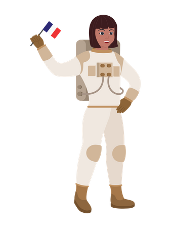 Astronauta feminina segurando a bandeira da França  Ilustração