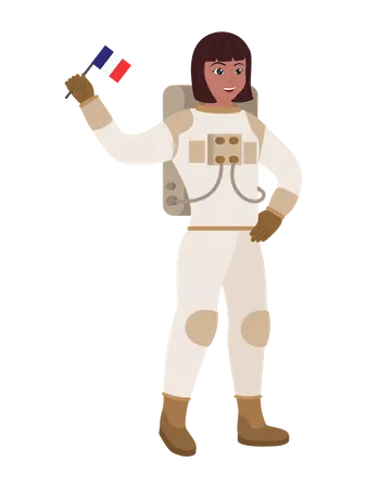 Astronauta feminina segurando a bandeira da França  Ilustração