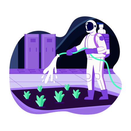 Astronauta mostrando un jardín espacial  Ilustración