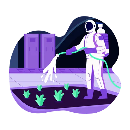 Astronauta mostrando un jardín espacial  Ilustración