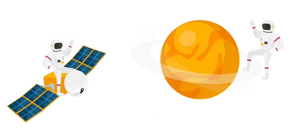 Astronauta em trajes espaciais voando no espaço sideral com satélite  Ilustração