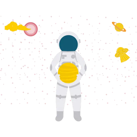 Astronauta olhando para diferentes planetas  Ilustração