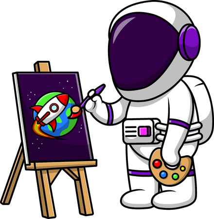 Astronauta pintando un cohete y la Tierra  Ilustración