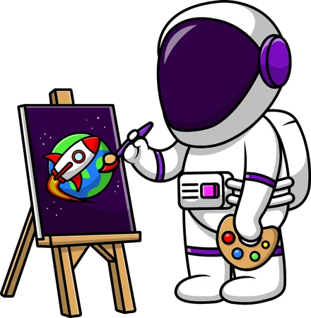 Astronauta pintando un cohete y la Tierra  Ilustración