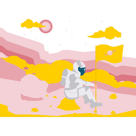 Astronauta plantando bandeira no planeta  Ilustração