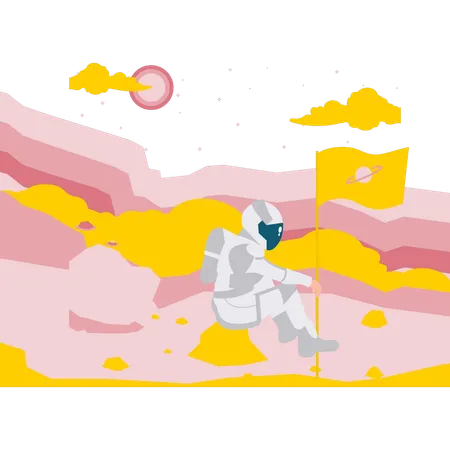 Astronauta plantando bandeira no planeta  Ilustração