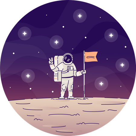 Astronauta plantando bandera en la luna  Ilustración