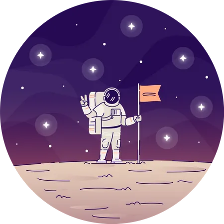 Astronauta plantando bandera en la luna  Ilustración